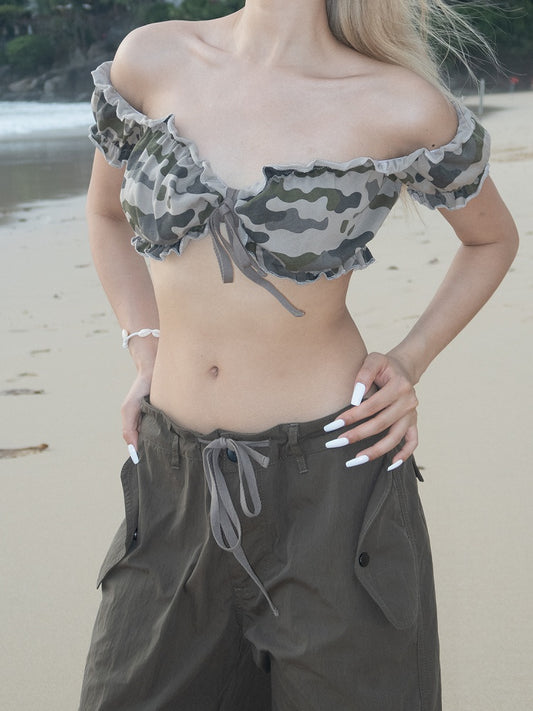 Light Camo Ruffled Trim Short Puff Sleeves Glamorous Cropped Strapless Top