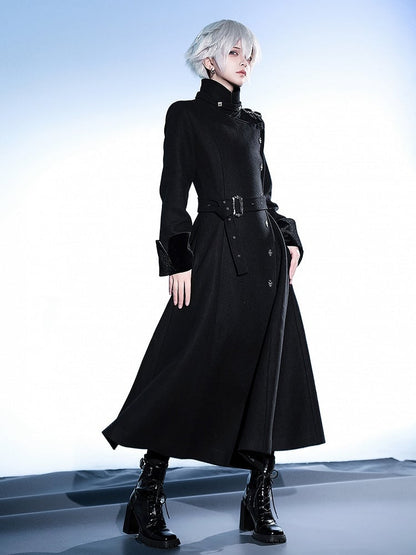 Black Ouji Lolita Stand Collar High Neck Woolen Coat