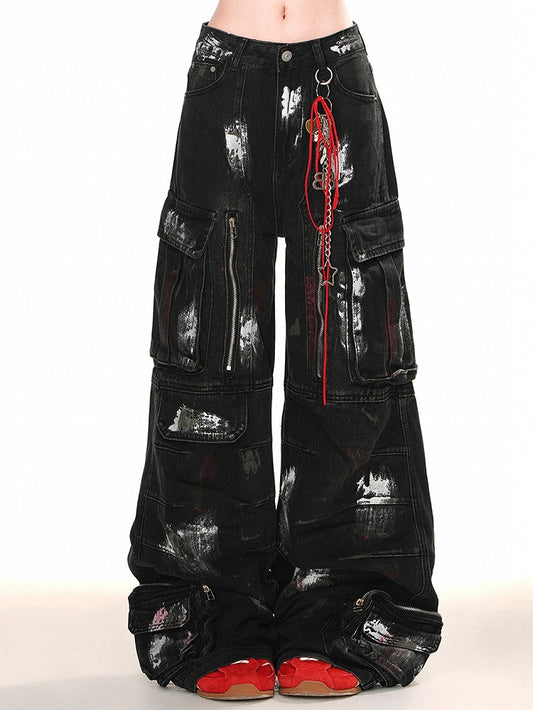 Cut Zipper Black with Wide-leg Cargo Jeans Spray Paint Print Design