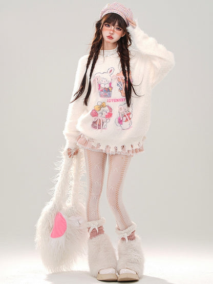 White/Pink Cute Kitty and Bear Distress Trim Mohair Soft Sweater