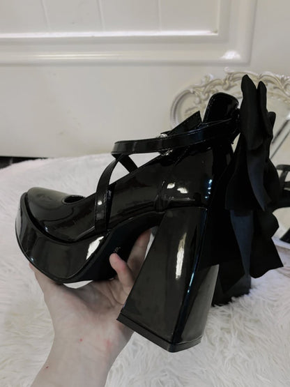 Gothic Black Detachable Bowknot Crisscross Buckle Strap Platform High Block Heels