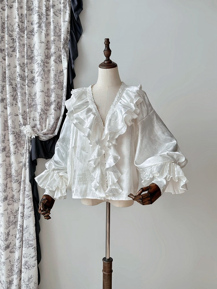 Long Ruffles Sleeves V-neck Shirt Gothic White Structured Lolita