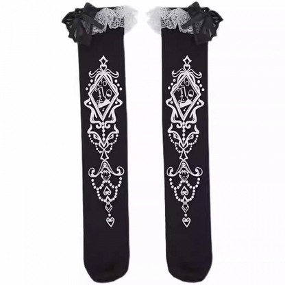 Black Ruffled Lace Cuff Printed Lolita  Under Knee Stockings