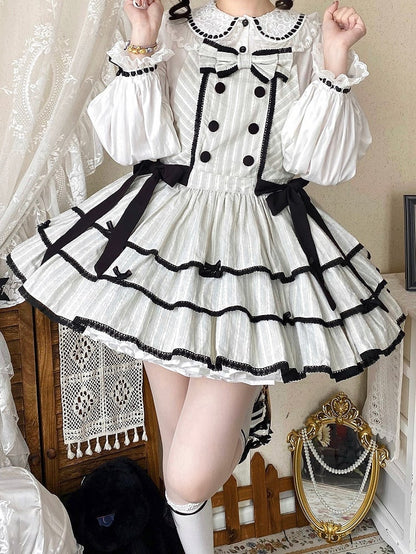 Black Lace Accents Ruffle Sweet Striped Dress Trim with Bow and Layered Overall Lolita