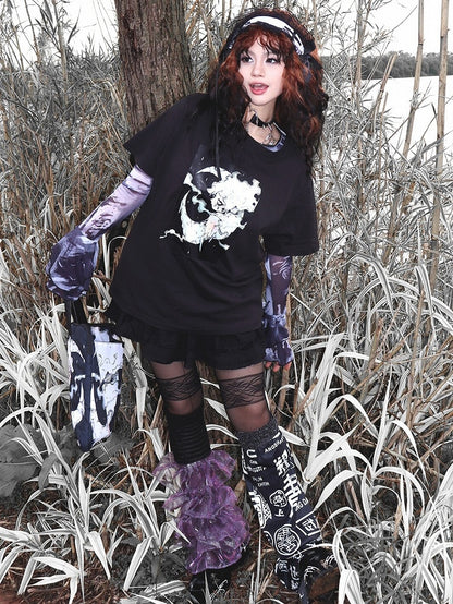 Print T-shirt Black Short Gyaru Cartoon Fashion Sleeves