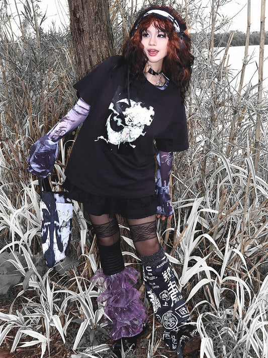 Print T-shirt Black Short Gyaru Cartoon Fashion Sleeves