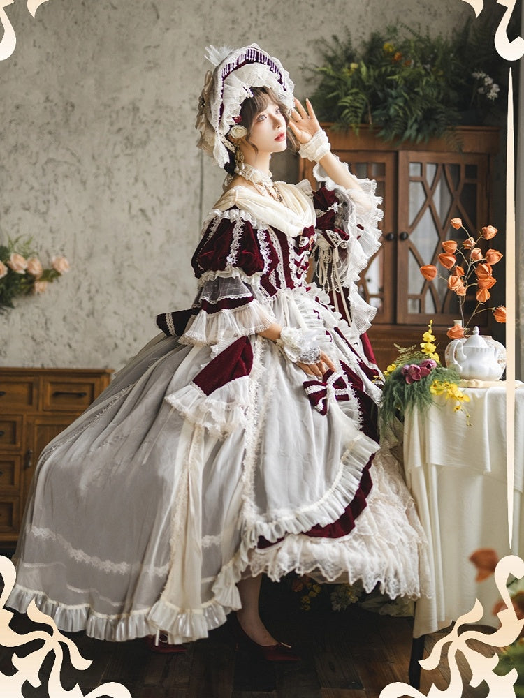 Rüschen High-Low Lolita Rot Schimmerndes Samtkleid Kaskadierendes Hanayome und Weiß