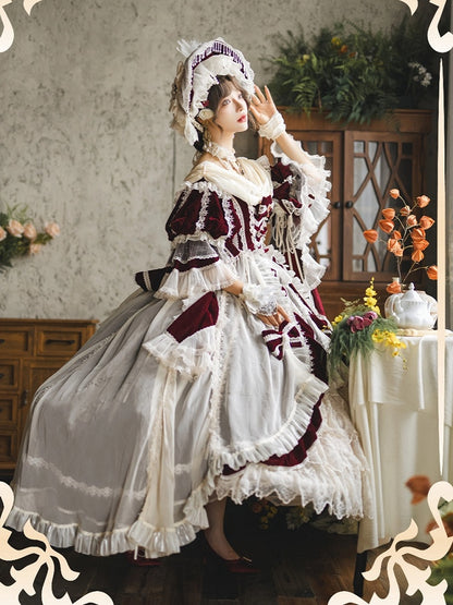 Rüschen High-Low Lolita Rot Schimmerndes Samtkleid Kaskadierendes Hanayome und Weiß