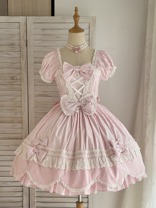 Lolita Piece and Neckline Puff Cotton School Pink Square One Old Short Sleeves Dress