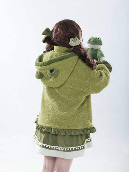 Grüner Fleecemantel mit Kapuze und hohem Kragen „Little Frog“