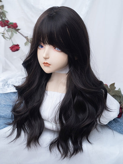 Black Air Length Bangs Wig 75CM Tea Wavy With