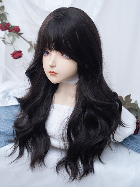 Black Air Length Bangs Wig 75CM Tea Wavy With