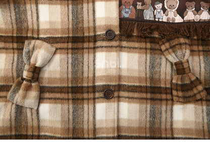 Brown Cute Little Bears Applique Plaid Hooded Woolen Coat Long Version
