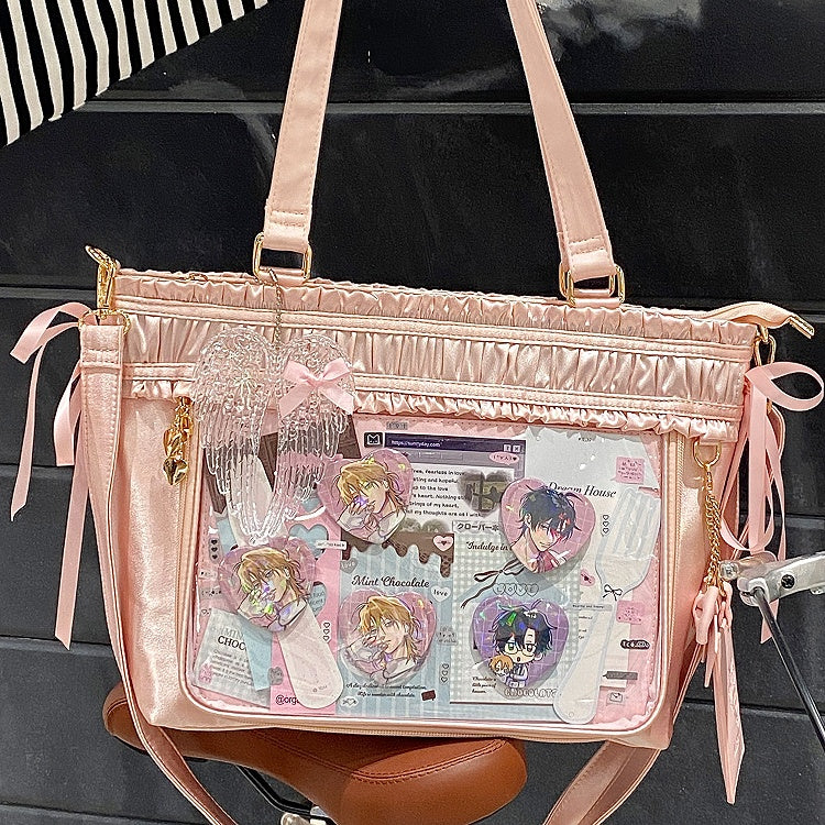 Ita Bag Ruffled Pink Ribbon Bow Large Trim Capacity Tote
