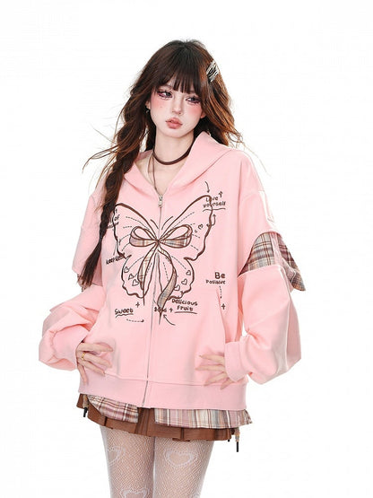 Pink Plaid Patches Butterfly Zip Closure Loose Hoodie