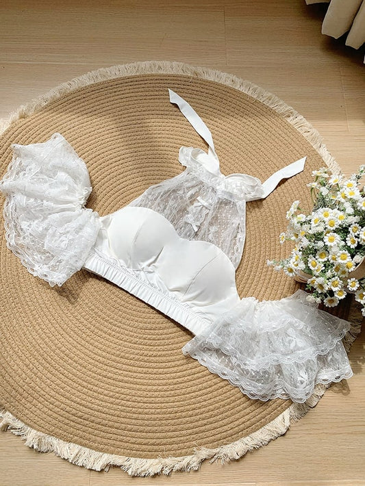 Halter White Flutter Sleeves Top Detachable Neck with Lace Cropped