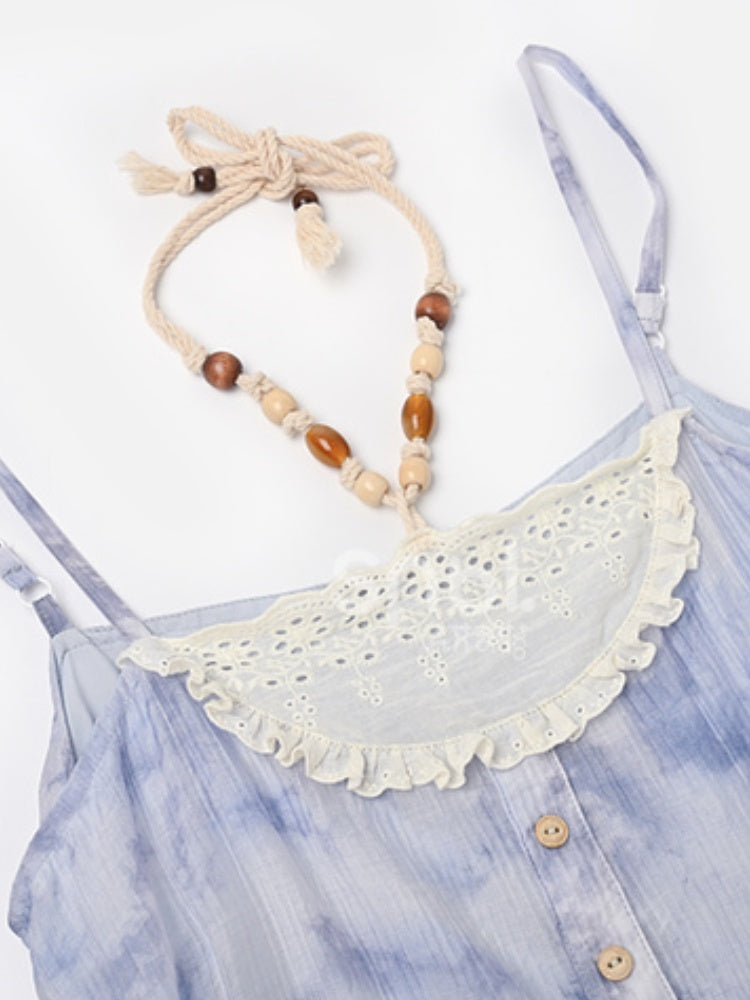 Halter Neck Tie Patches Blue Chiffon Dress Slip Beaded Loose Dye Lace Chain