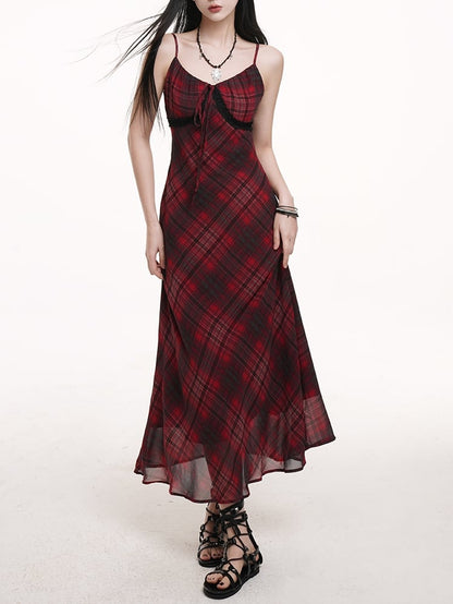 Self-tie Strap Neckline Cami Dress Red  Black Plaid V-neck