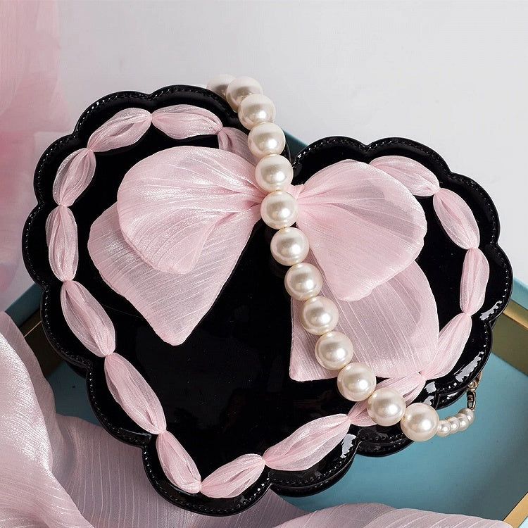 Two with Adjustable Handle Lolita Bag Strap Available Pearl Colors Bow Detail Heart-Shaped
