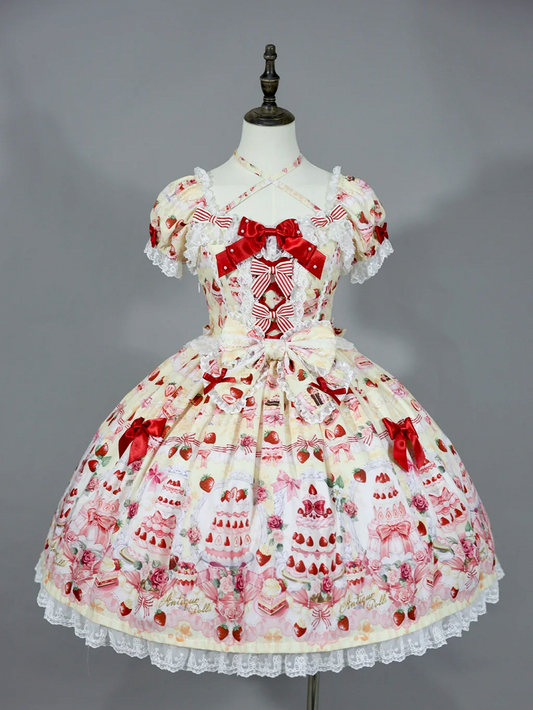 Dress Cake Strawberry / Bow Full Sweet Print Accents Yellow Set Lolita