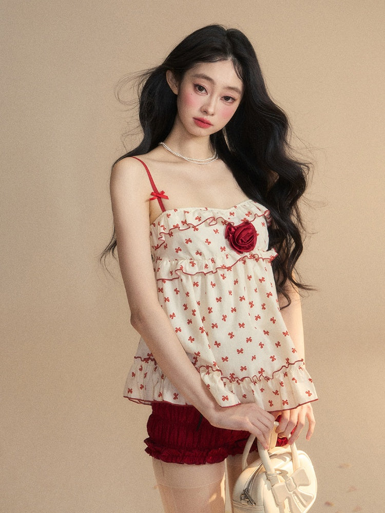 Floral Trim Apricot Ruffled Cami Red Bowknots Print Embellished Top