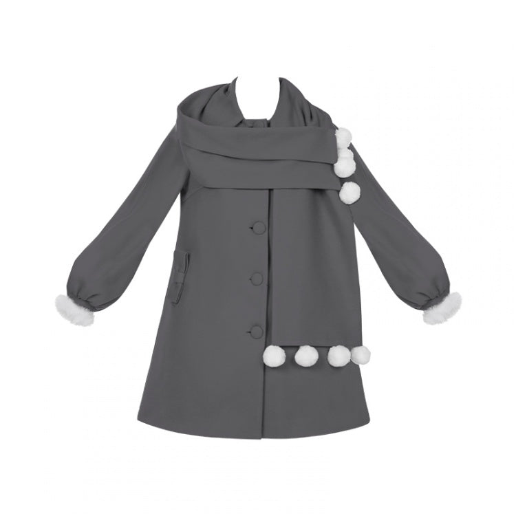 Pompoms Scarf Collar Gray Fleece Lining Woolen Coat