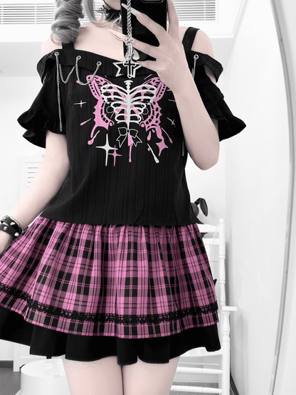 Embellished Neckline Butterfly Print T-shirt with Pink Plaid Y2K Chains Skirt Set Black