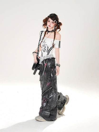 Distressed Black Wide-leg Jeans Rise Zipper Details Low Spray Paint Print