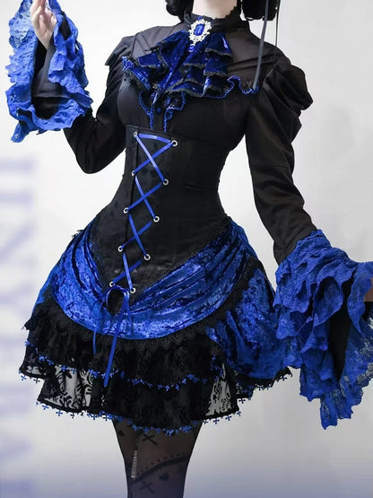 Waist High Skirt Lolita Boned Black Corset Klein Gothic Blue and Super