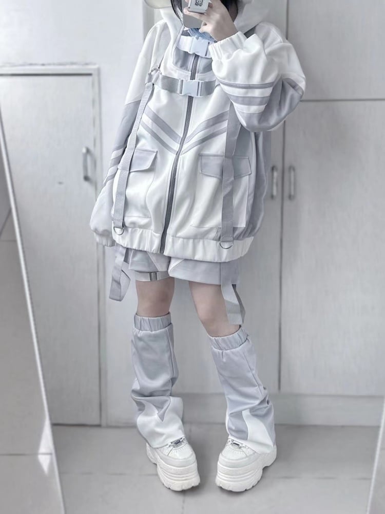 White Gray Cyberpunk Buckle Straps Hooded Zip Jacket