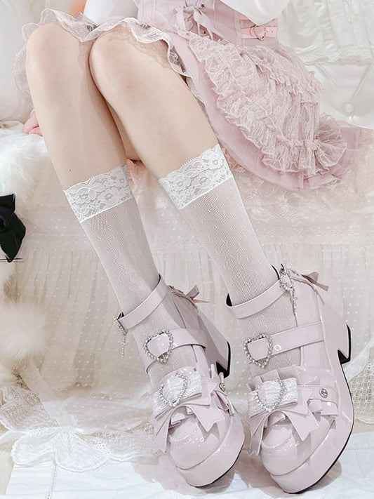 Decorated Jirai Kei Block Heels Lace-up Polished Platform Pink Details High Heart Rhinestone