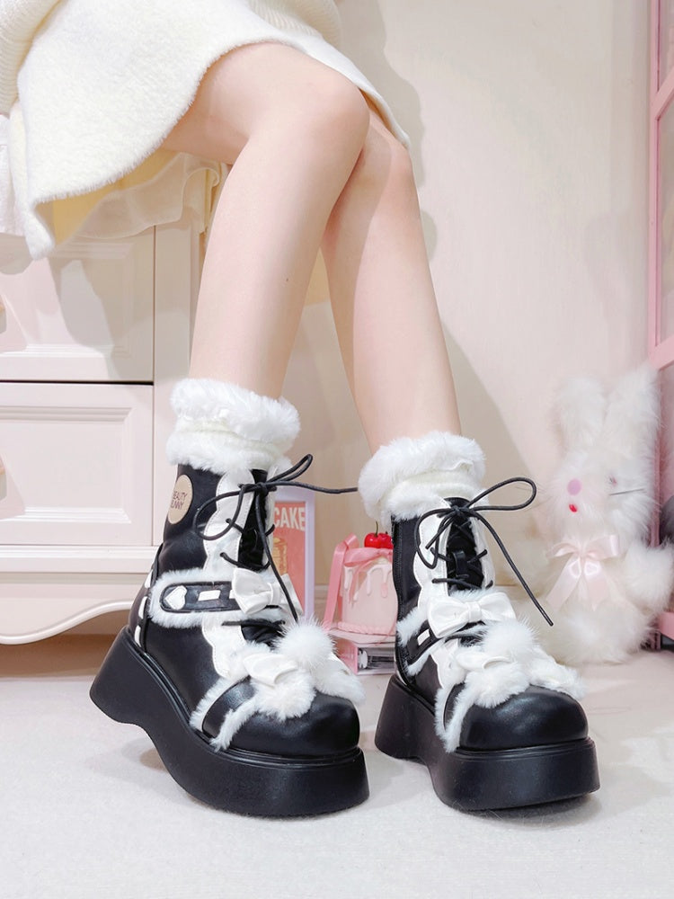 Black Plush Bunny Ear Platform Fleece Ankle Boots