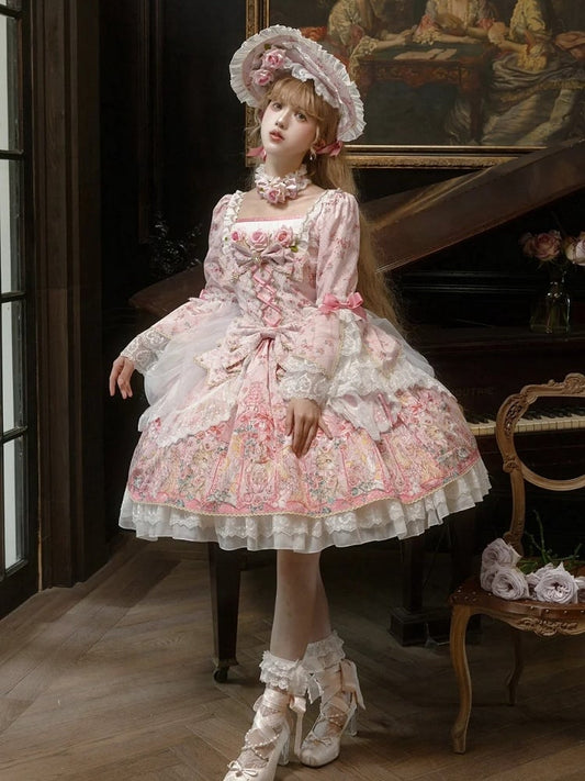 Pink Rosette Print Rococo Fashion Inspired Lolita Dress Square Neckline Bell Sleeves OP / Full Set