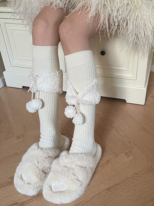 White Black Sweet Bowknot Stockings With Pompons