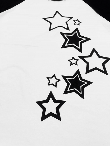 T-Shirt Schwarz Weiß Colorblock Design Stern Print Baumwolle