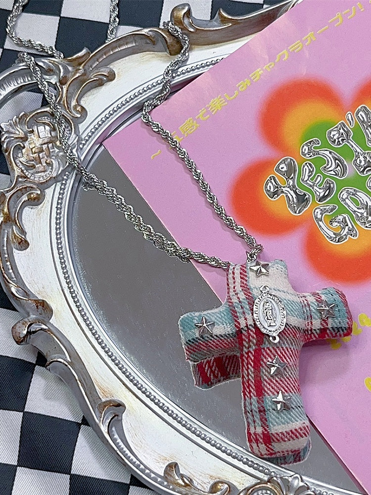 Y2K Blau-Rot-Kreuz Mode Verzierte Gyaru Halskette Stern