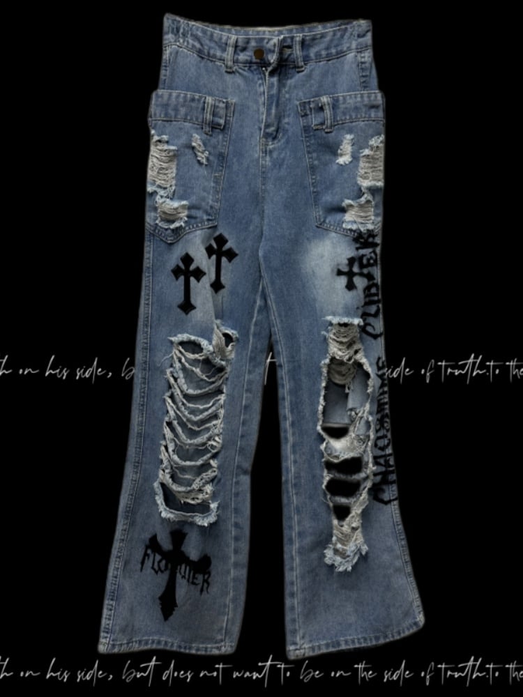 Jeans Wash Glamorous Flared Faded Blue Distressed Holes Cross Appliques