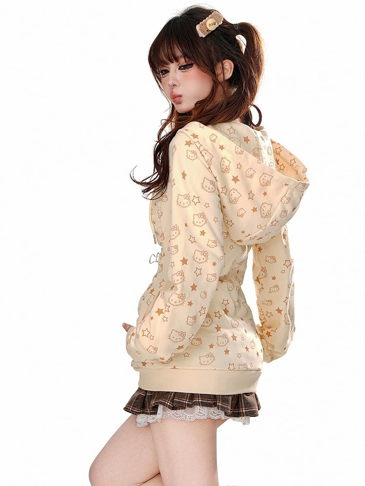 Grey/Apricot Kitty Allover Ruched Design Zip Hoodie