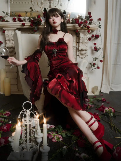 Flounce Sleeves Gown Mermaid Dress Rosette Evening Detachable with Red Burgundy