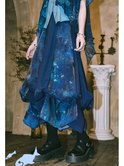Gradient Convertible Hem Jellyfish Print Skirt with Bubble Blue