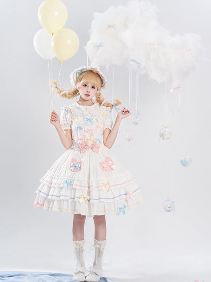 Bowknots White Ruffled Lace Trim Bonnet Macaron Color