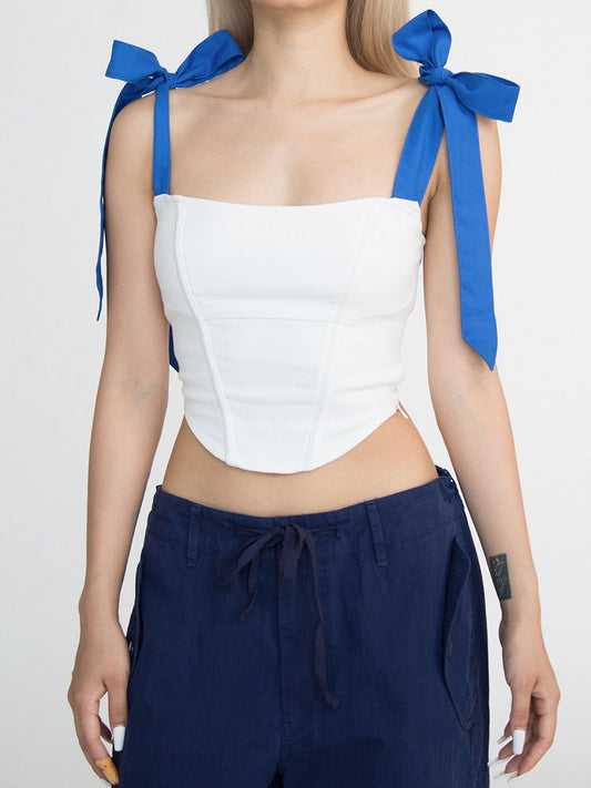 White Curved Hem Glamorous Sleeveless Top Blue Self-Tie Straps