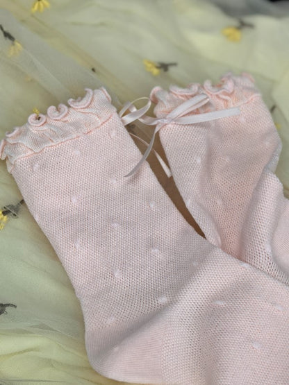 Pattern Polka-dot Bowknot Details Calf Cuffs Socks Ruffled White/Black/Pink/Blue/Yellow