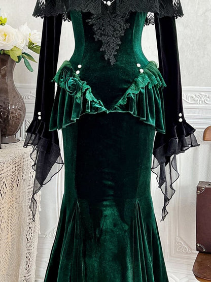 Mermaid Forest Peplum Lace Velvet and Dress with Green Applique Detail Black Dark