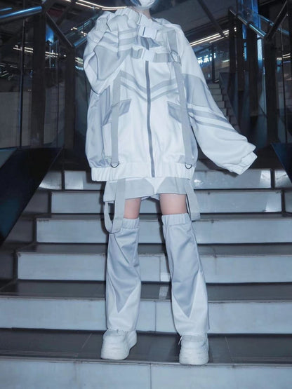 White Gray Cyberpunk Buckle Straps Hooded Zip Jacket