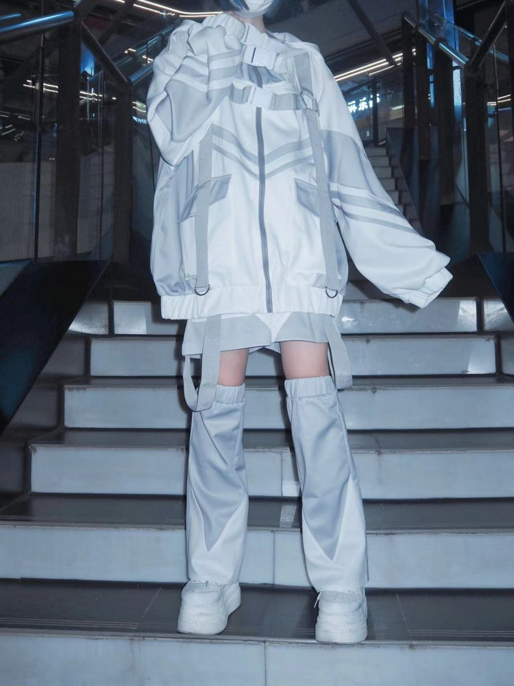 White & Gray Cyberpunk Patch Pockets Elastic Waist Jirai Kei Shorts