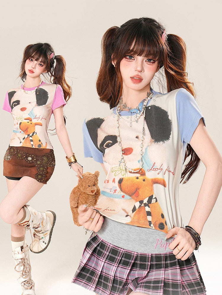 Adorable Colorblock Design Puppy Print Blue/Pink T-Shirt