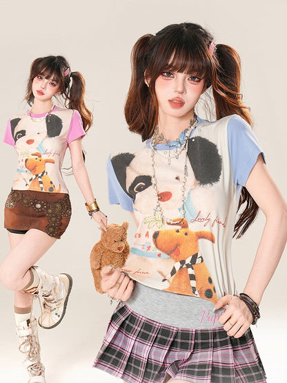 Adorable Colorblock Design Puppy Print Blue/Pink T-Shirt