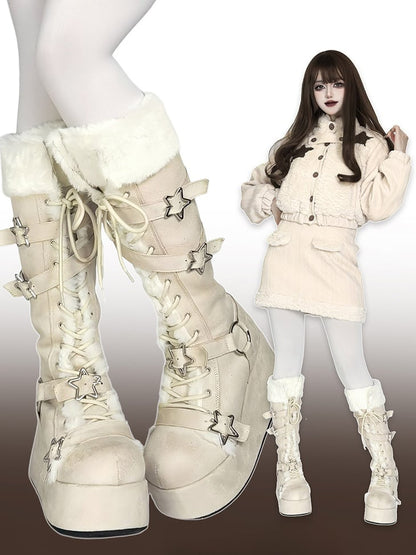 Y2K Creamy White Star Buckle Straps Plush Trim Platform Boots