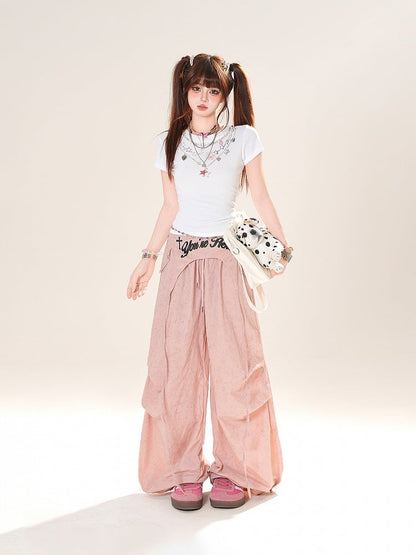 Accessory Pink/Gray Drawstring Wide-Leg Pants with Waist